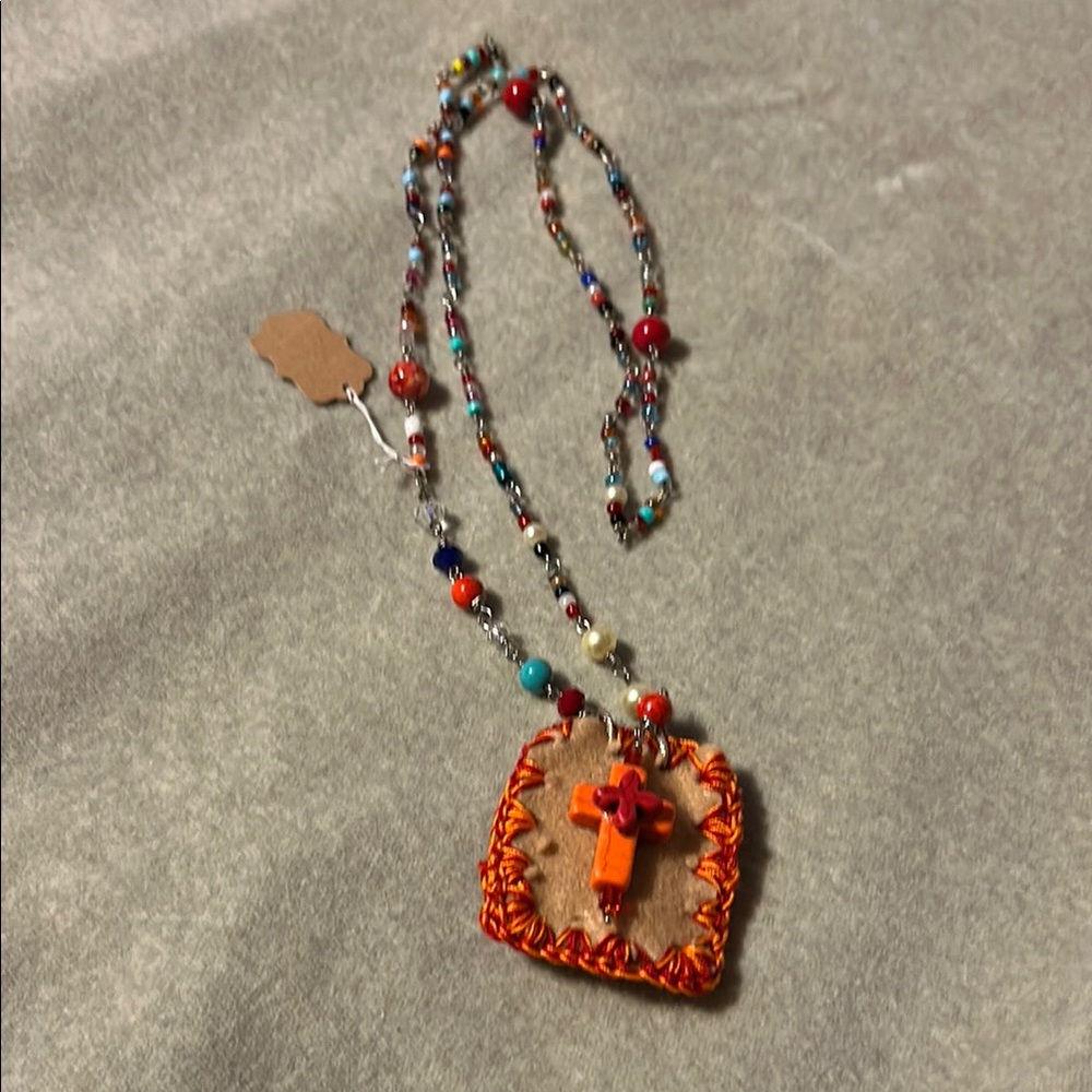 Handcrafted Beaded Necklace with Orange Cross Pendant